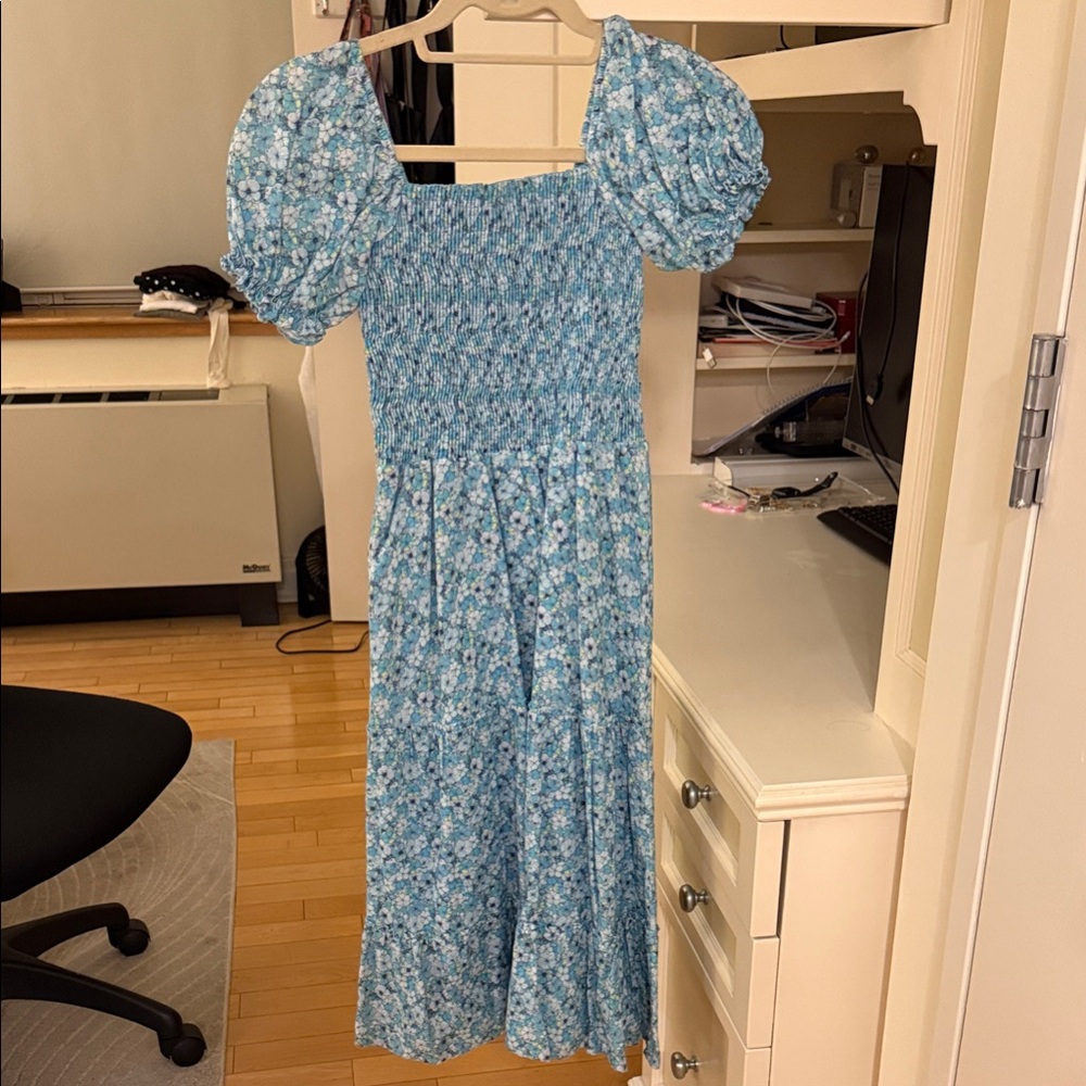 Peixoto Sky Blue Floral Puff-Sleeve Smocked Midi Dress